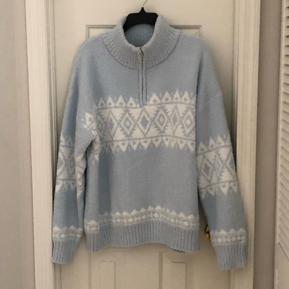 Pink Lily Light Blue & White Fair Isle Half-Zip Sweater